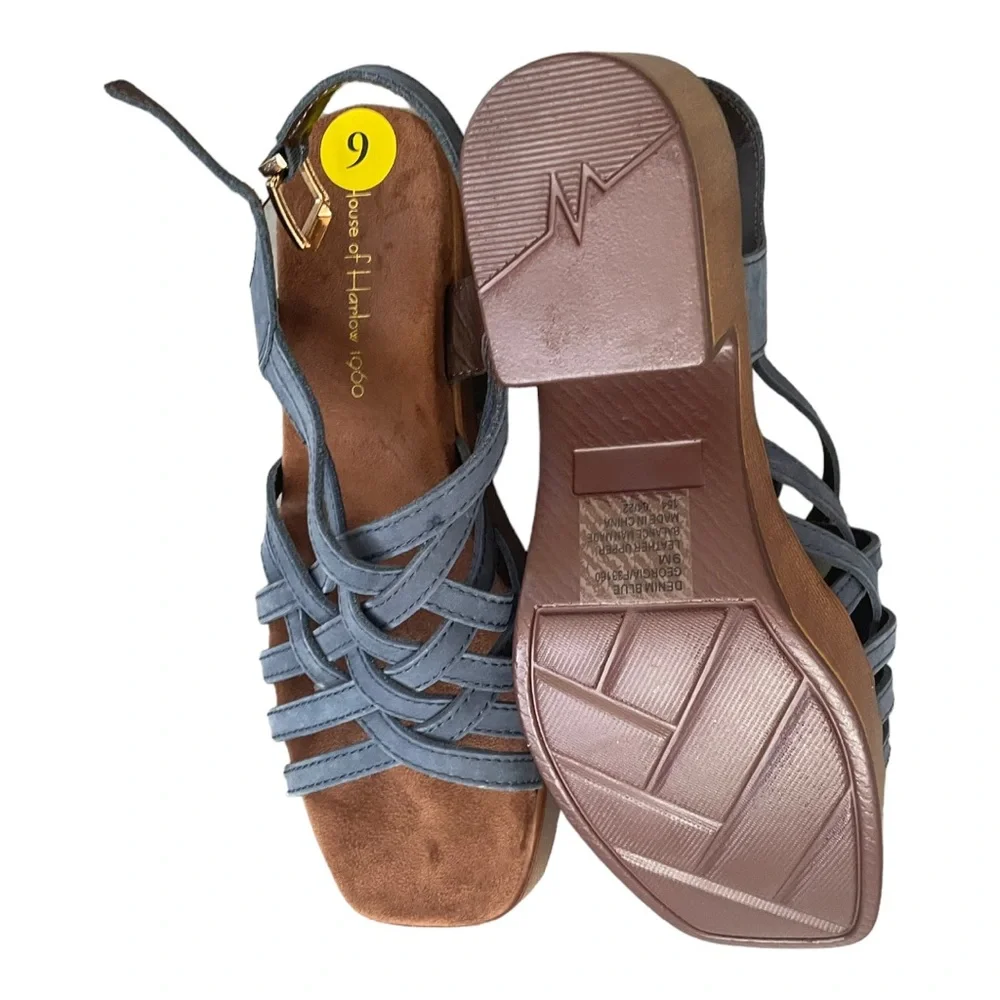 House Of Harlow 1960 Georgia Platform Wedge‎ Sandal Platform 9 Blue Leather